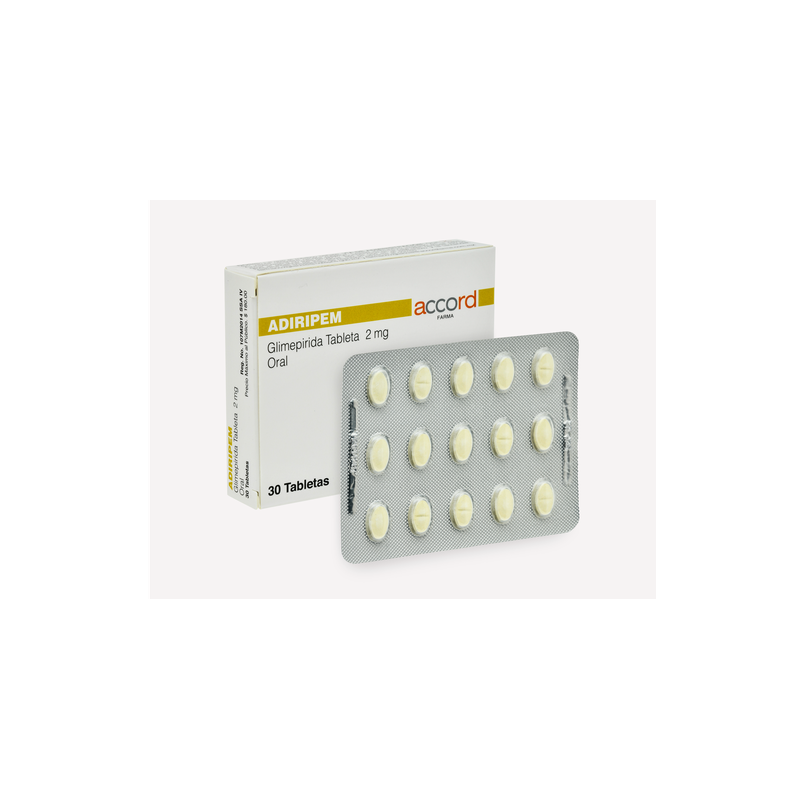 Adiripem GLIMEPIRIDA 2mg. Envase con 30 tabletas  Seco, manejable hasta 25°C.                                                   