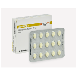 Adiripem GLIMEPIRIDA 2mg. Envase con 30 tabletas  Seco, manejable hasta 25°C.                                                   