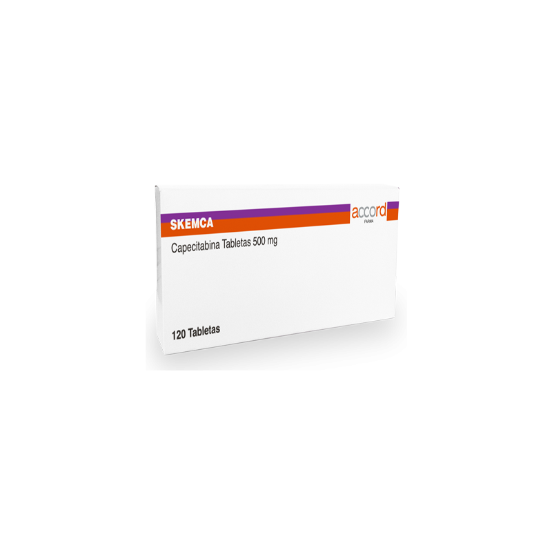Skemca CAPECITABINA 500mg. Envase con 120 tabletas. Seco, manejable hasta 25°C.                                                 
