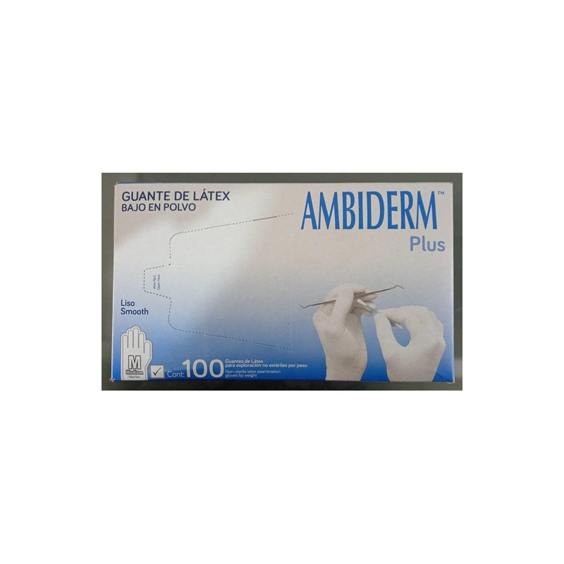 Guantes de látex para exploración No estériles Mediano Envase con 100 piezas. AMBIDERM